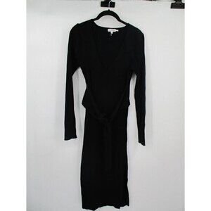 Good American Womens Dress 2 Black Ribbed Waist Tie V Neck Casual Sweater Dress